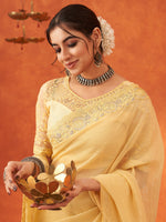 Thumbnail for NOZ2TOZ Women's Chiffon Yellow Embellished Designer Saree With Blouse Piece - Distacart