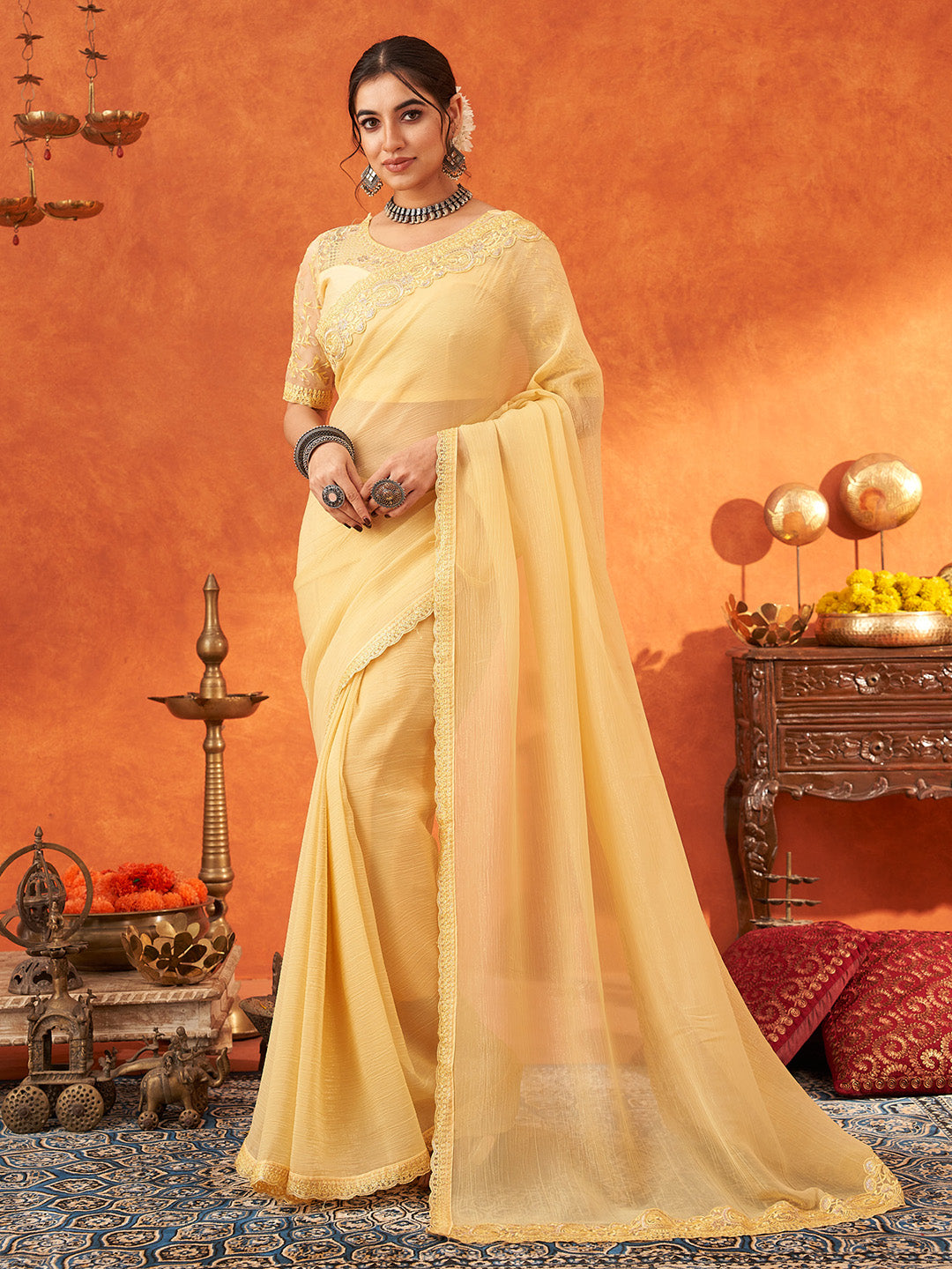 NOZ2TOZ Women's Chiffon Yellow Embellished Designer Saree With Blouse Piece - Distacart