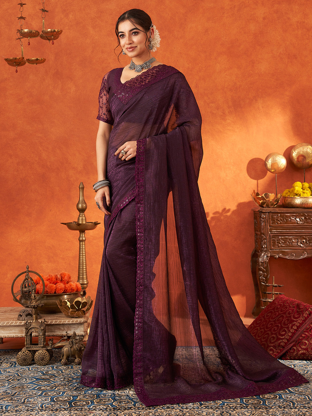 NOZ2TOZ Women's Chiffon Purple Embellished Designer Saree With Blouse Piece - Distacart