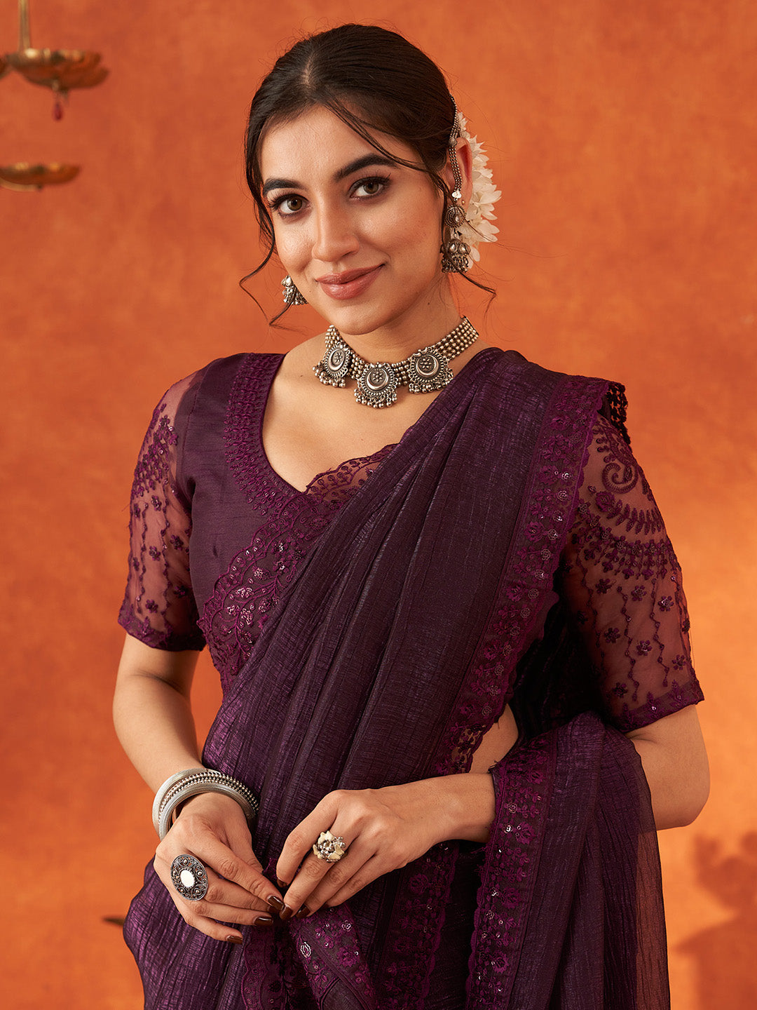 NOZ2TOZ Women's Chiffon Purple Embellished Designer Saree With Blouse Piece - Distacart