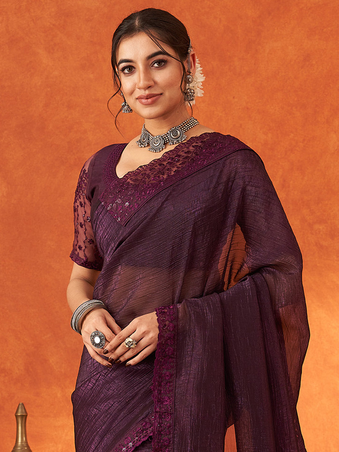NOZ2TOZ Women's Chiffon Purple Embellished Designer Saree With Blouse Piece - Distacart
