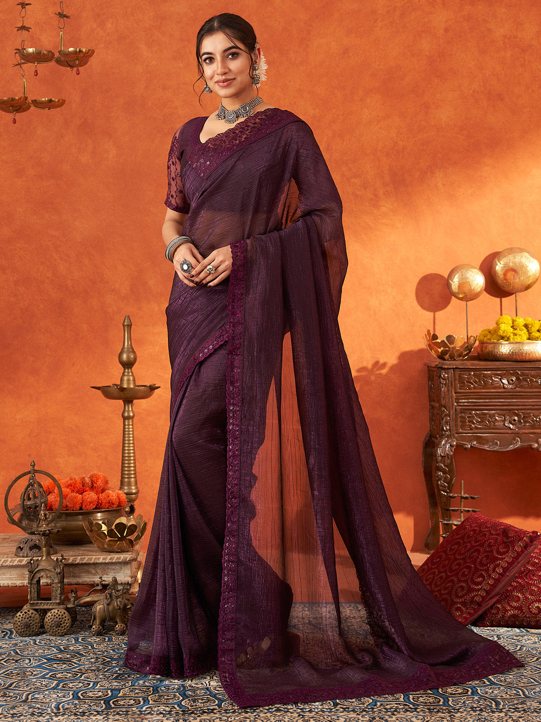 NOZ2TOZ Women's Chiffon Purple Embellished Designer Saree With Blouse Piece - Distacart