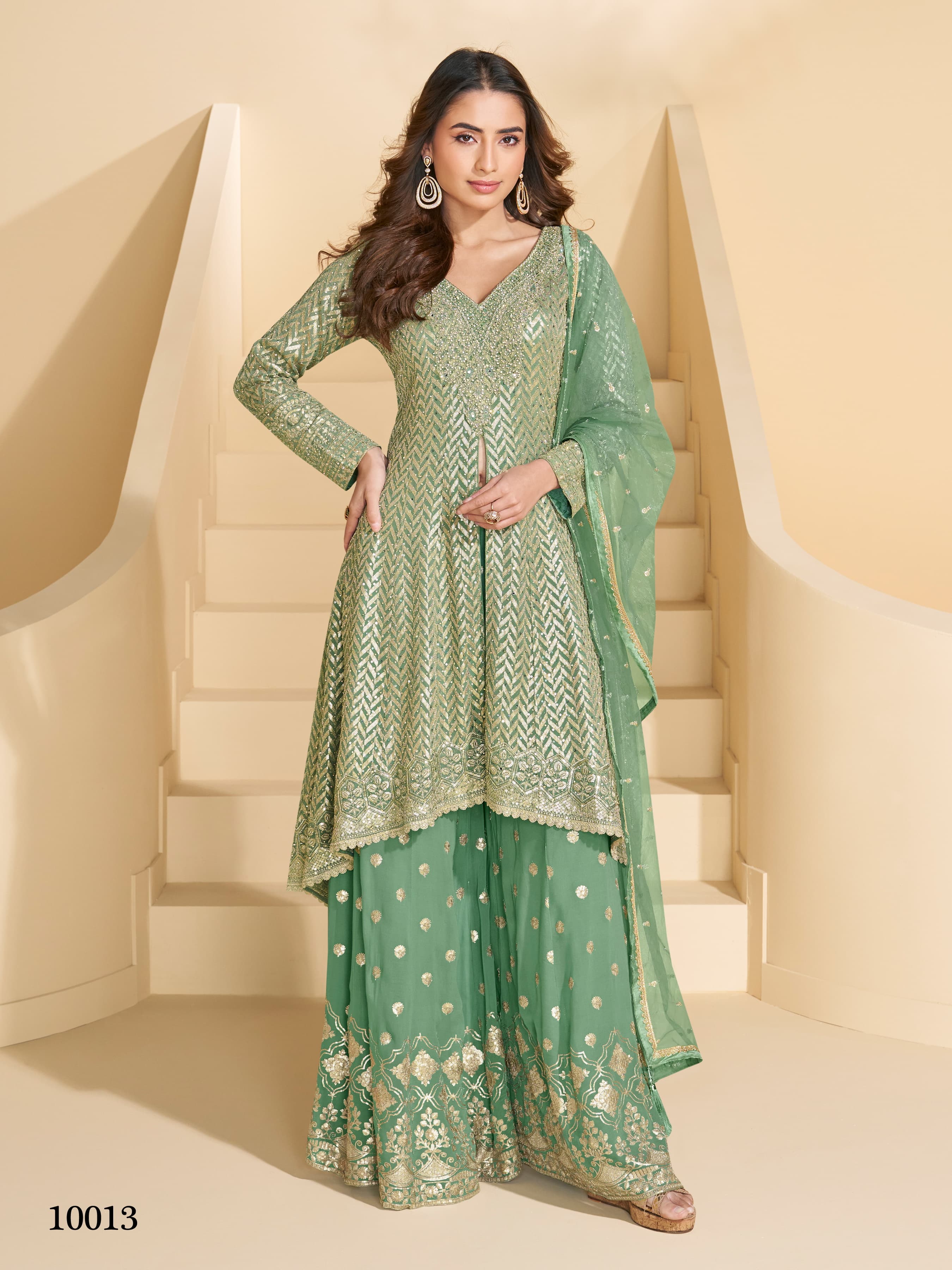 Aarshi Fashions Dark Green Heavy Georgette Palazzo Suit