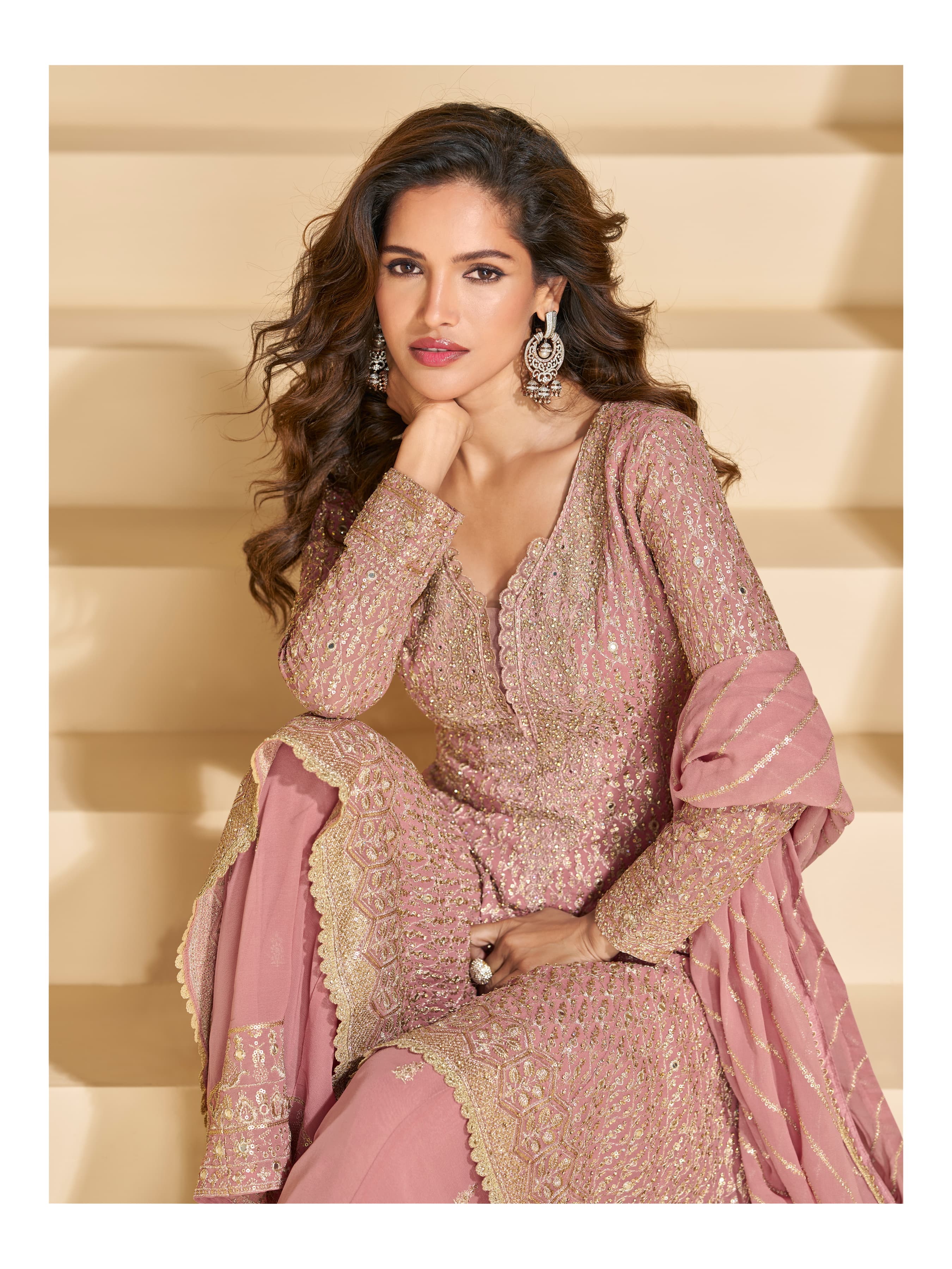 Aarshi Fashions Dark Pink Heavy Georgette Palazzo Suit