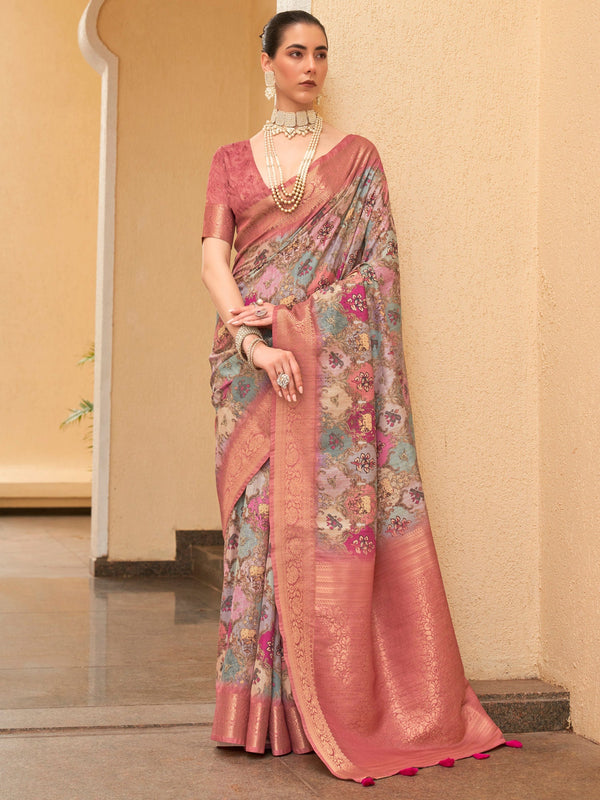 NOZ2TOZ Women's Tussar Silk Blue Digital Print Designer Saree With Blouse Piece - Distacart