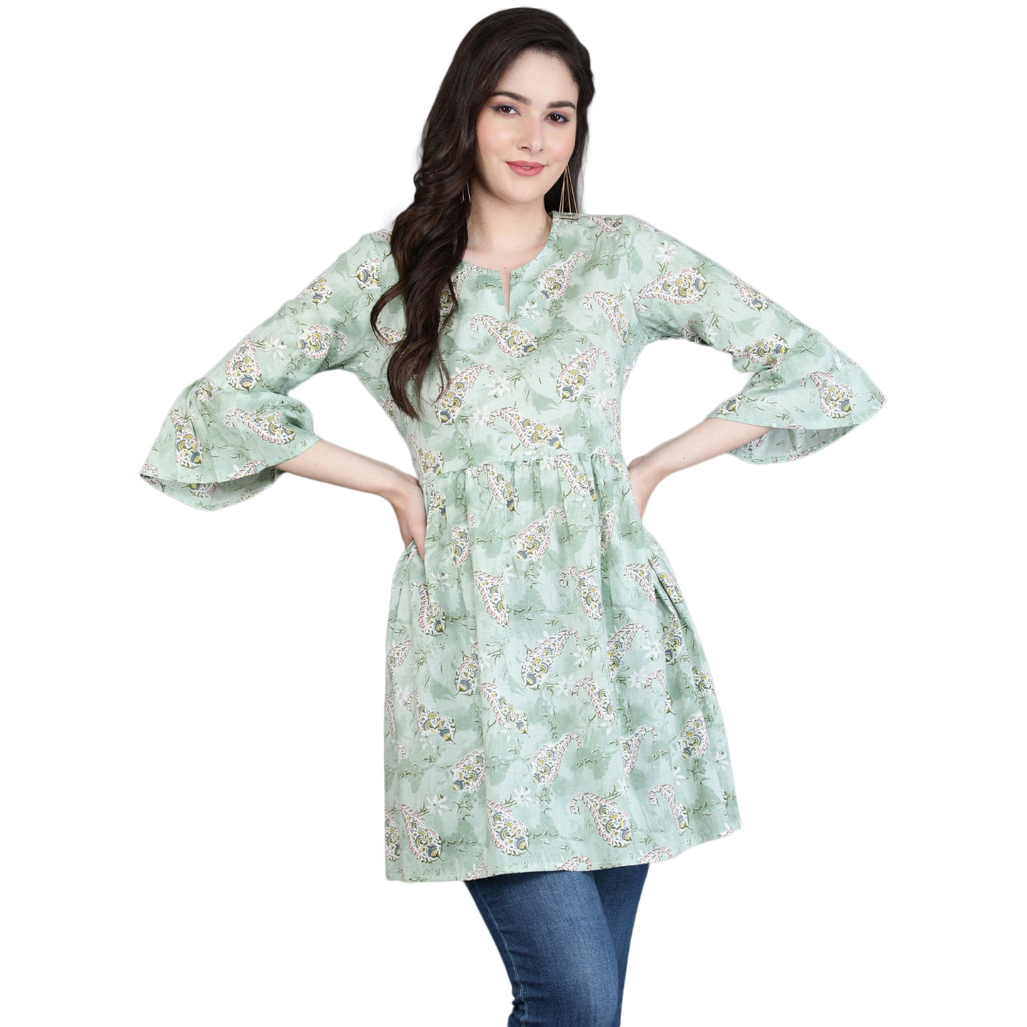 Antaran Green Pure Cotton Printed Tunic - Distacart