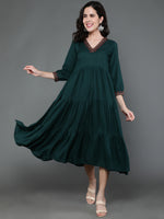 Thumbnail for Antaran Dark Green Rayon Embroidered Dress - Distacart