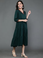 Thumbnail for Antaran Dark Green Rayon Embroidered Dress - Distacart