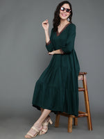 Thumbnail for Antaran Dark Green Rayon Embroidered Dress - Distacart