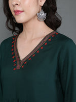 Thumbnail for Antaran Dark Green Rayon Embroidered Dress - Distacart