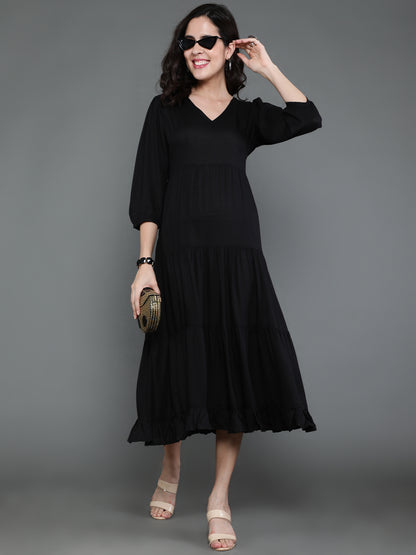 Antaran Black Rayon Flared Solid Black Dress - Distacart