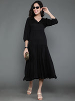 Thumbnail for Antaran Black Rayon Flared Solid Black Dress - Distacart