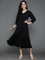 Thumbnail for Antaran Black Rayon Flared Solid Black Dress - Distacart