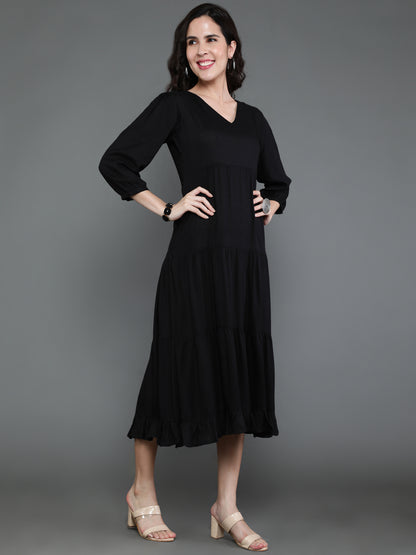 Antaran Black Rayon Flared Solid Black Dress - Distacart