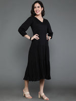 Thumbnail for Antaran Black Rayon Flared Solid Black Dress - Distacart