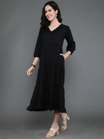 Thumbnail for Antaran Black Rayon Flared Solid Black Dress - Distacart
