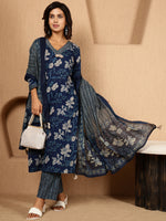 Thumbnail for Antaran Blue Pure Cotton Embellished Kurta Pant & Dupatta Set - Distacart