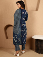 Thumbnail for Antaran Blue Pure Cotton Embellished Kurta Pant & Dupatta Set - Distacart