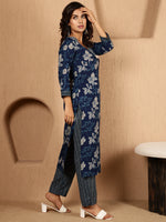 Thumbnail for Antaran Blue Pure Cotton Embellished Kurta Pant & Dupatta Set - Distacart
