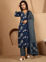 Thumbnail for Antaran Blue Pure Cotton Embellished Kurta Pant & Dupatta Set - Distacart