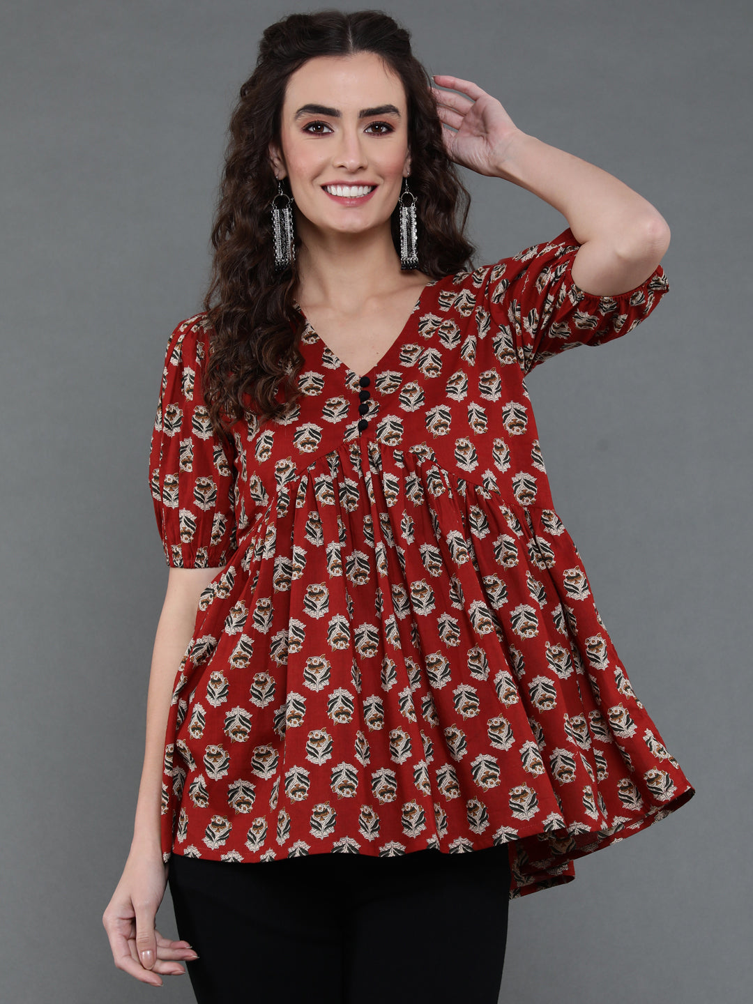 Antaran Brown/Rust Pure Cotton Aliacut Printed Top - Distacart