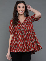 Thumbnail for Antaran Brown/Rust Pure Cotton Aliacut Printed Top - Distacart