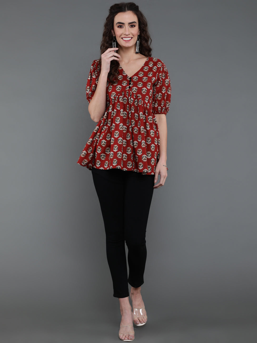 Antaran Brown/Rust Pure Cotton Aliacut Printed Top - Distacart