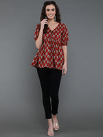 Thumbnail for Antaran Brown/Rust Pure Cotton Aliacut Printed Top - Distacart