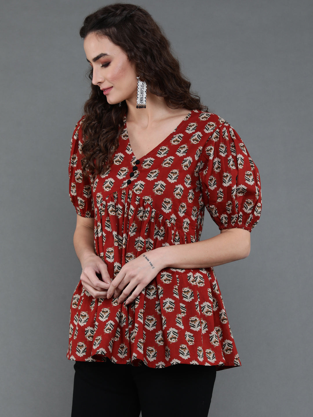Antaran Brown/Rust Pure Cotton Aliacut Printed Top - Distacart