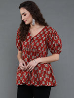 Thumbnail for Antaran Brown/Rust Pure Cotton Aliacut Printed Top - Distacart