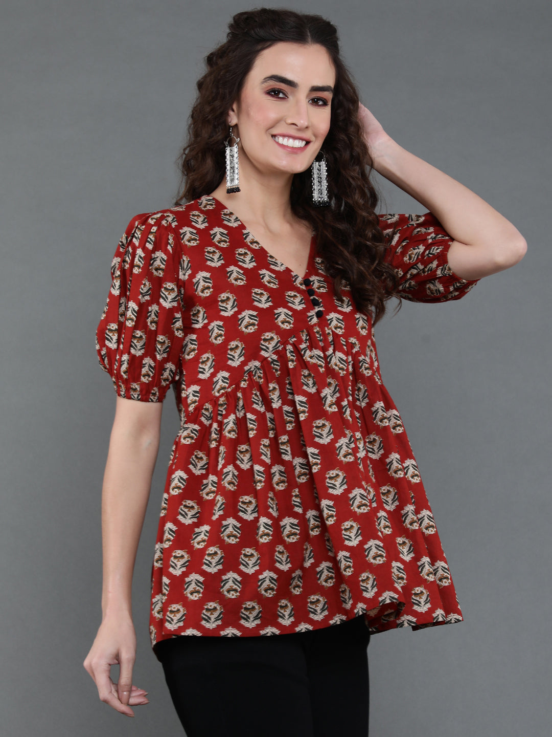 Antaran Brown/Rust Pure Cotton Aliacut Printed Top - Distacart
