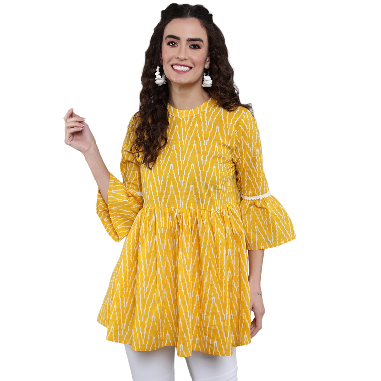 Antaran Yellow Pure Cotton Printed Tunic With Button Detail On Back - Distacart