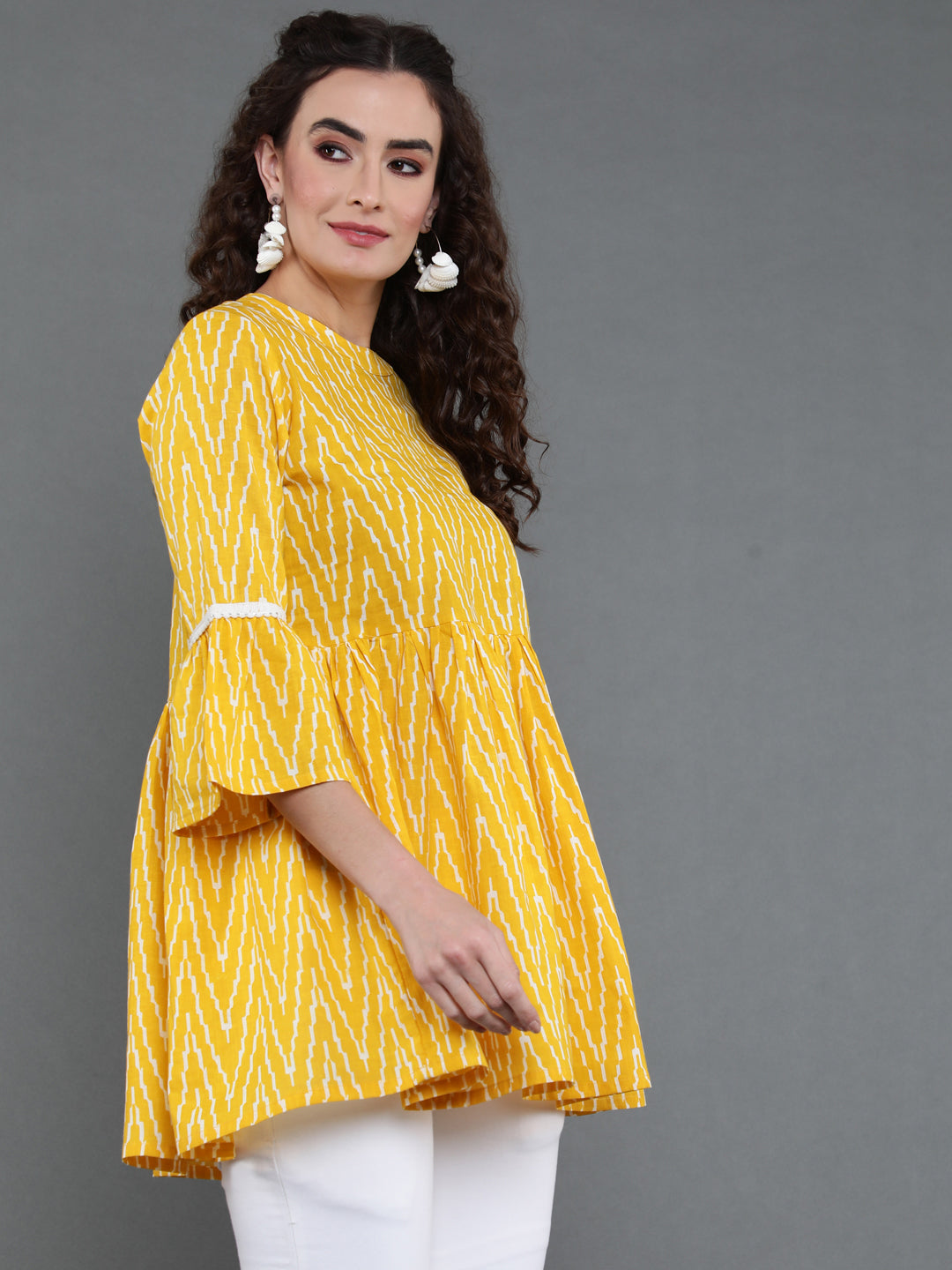 Antaran Yellow Pure Cotton Printed Tunic With Button Detail On Back - Distacart