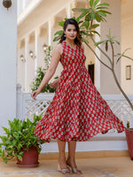 Thumbnail for Antaran Maroon Pure Cotton Tiered Printed Dress - Distacart