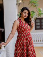 Thumbnail for Antaran Maroon Pure Cotton Tiered Printed Dress - Distacart