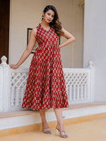 Thumbnail for Antaran Maroon Pure Cotton Tiered Printed Dress - Distacart