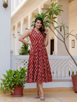 Thumbnail for Antaran Maroon Pure Cotton Tiered Printed Dress - Distacart