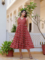 Thumbnail for Antaran Maroon Pure Cotton Tiered Printed Dress - Distacart