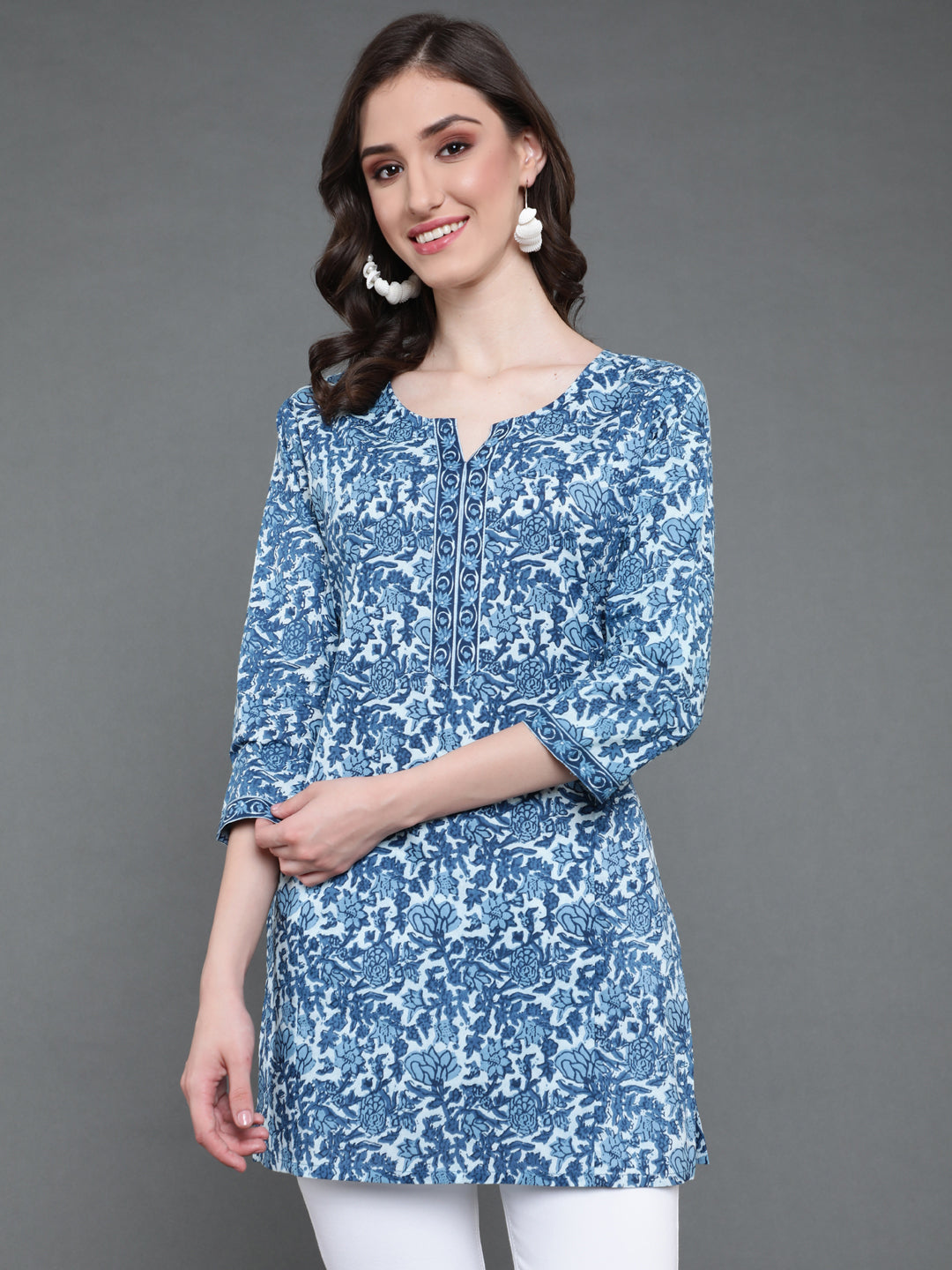 Antaran Blue Pure Cotton Printed Tunic - Distacart