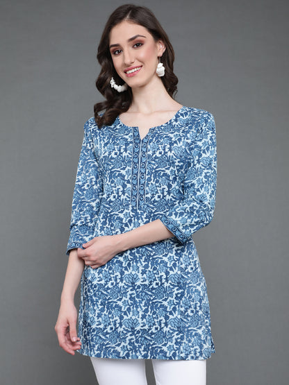 Antaran Blue Pure Cotton Printed Tunic - Distacart