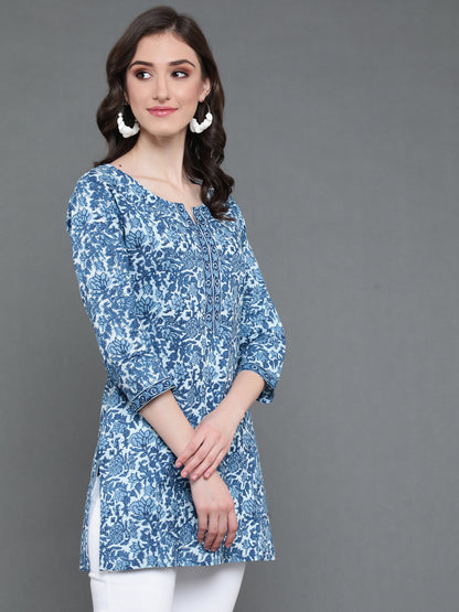 Antaran Blue Pure Cotton Printed Tunic - Distacart
