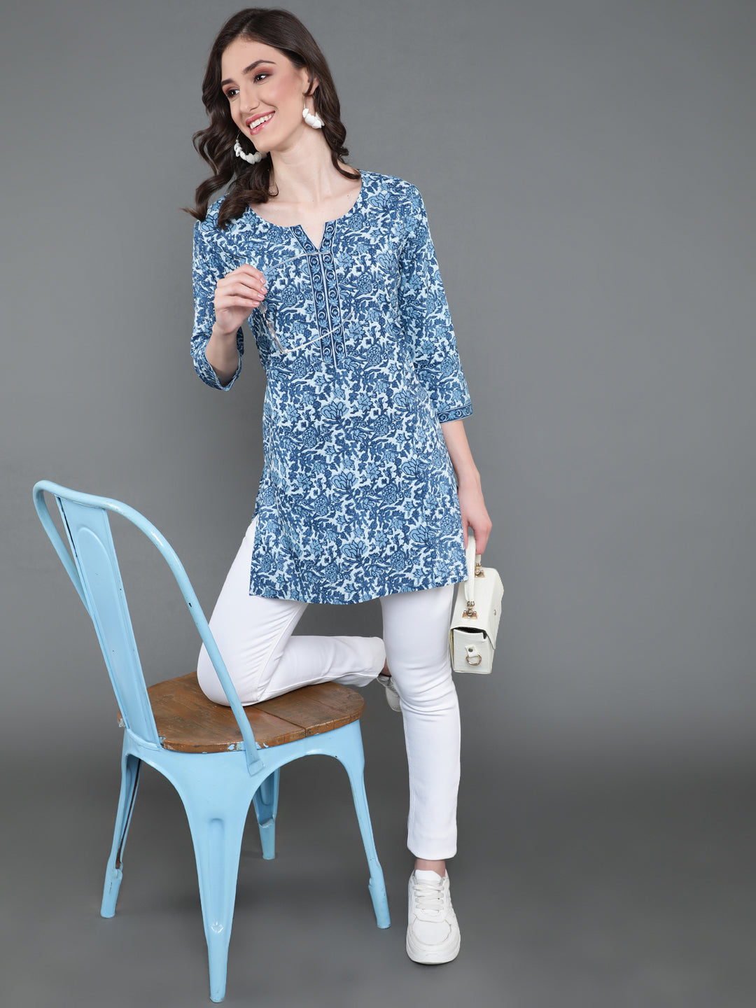 Antaran Blue Pure Cotton Printed Tunic - Distacart