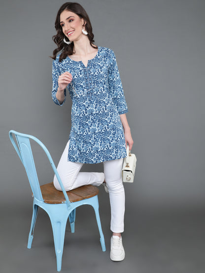 Antaran Blue Pure Cotton Printed Tunic - Distacart