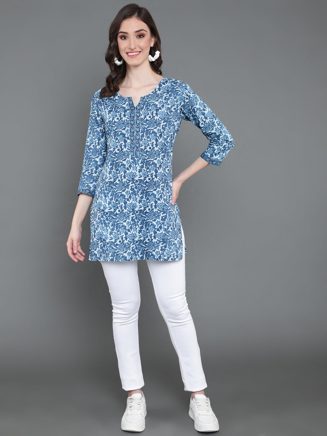 Antaran Blue Pure Cotton Printed Tunic - Distacart