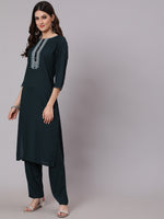 Thumbnail for Antaran Blue Rayon Embroidered Kurta Pant Dupatta Set - Distacart