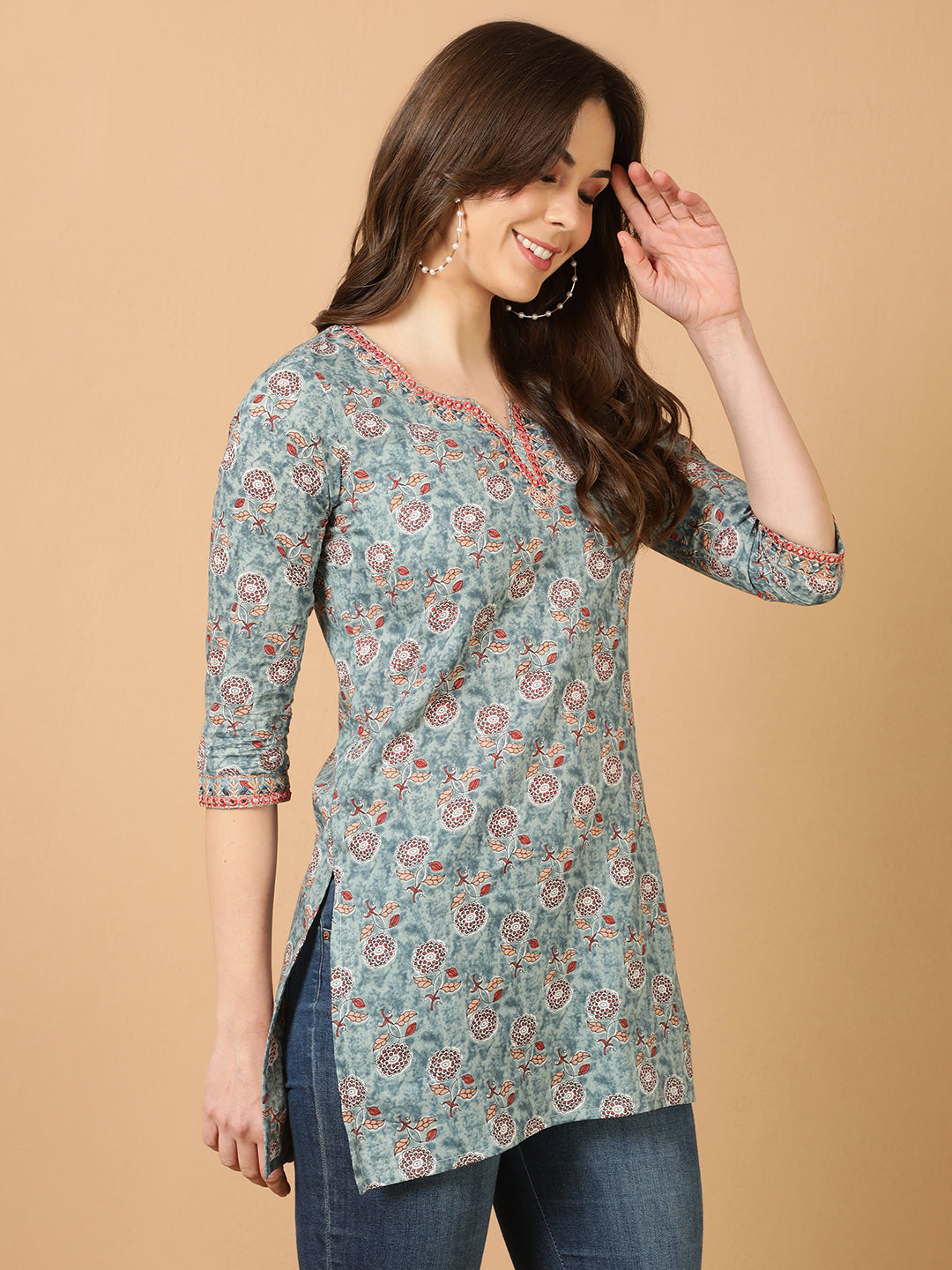 Antaran Blue Pure Cotton Embroidered Tunic - Distacart