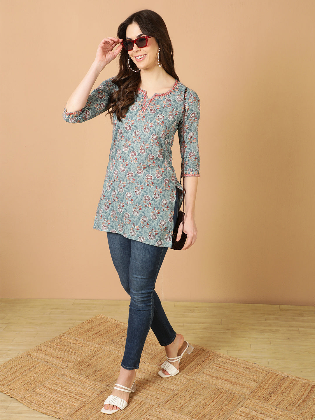 Antaran Blue Pure Cotton Embroidered Tunic - Distacart