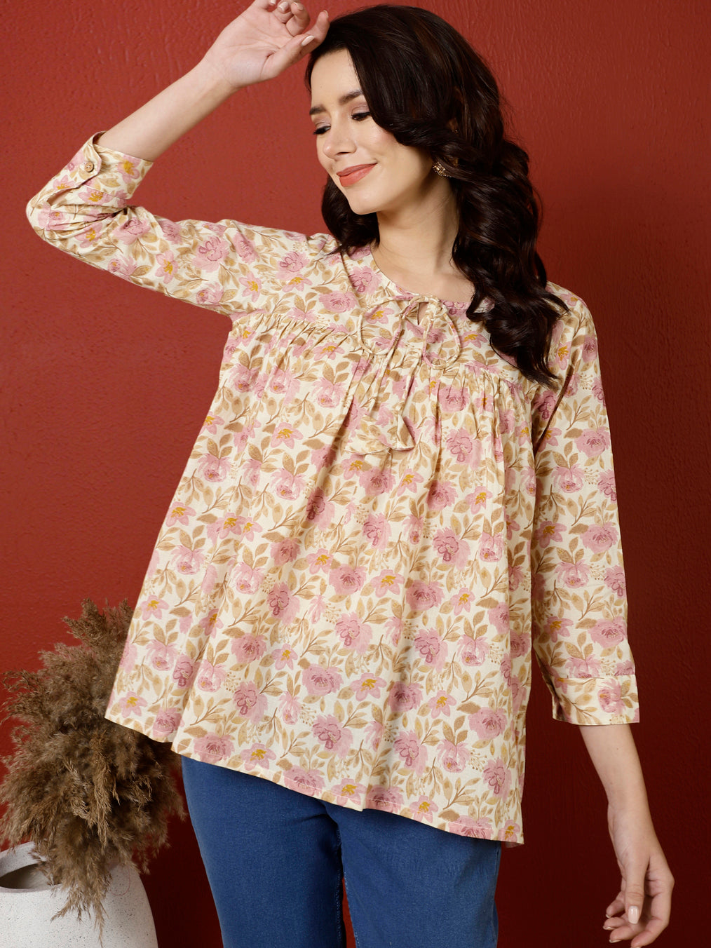 Antaran Peach Pure Cotton Printed Top - Distacart