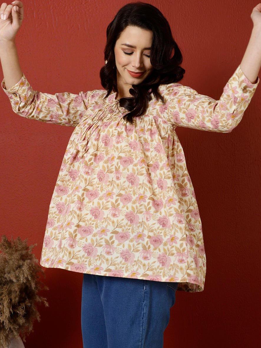 Antaran Peach Pure Cotton Printed Top - Distacart