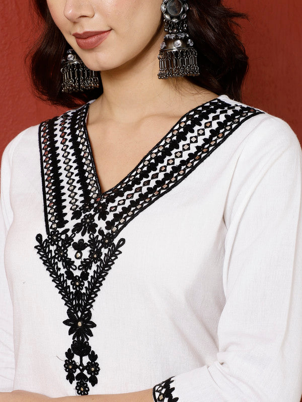 Antaran White Cotton Embroidered Kurta Pant Set - Distacart